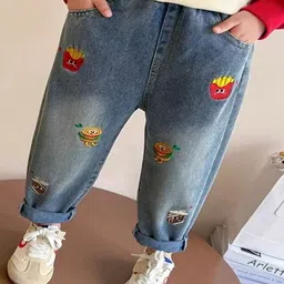 POP STREET KIDS Cotton Denim Fries & Burger Patch Detailed Jeans - Blue-picture-17