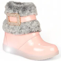 Lil Lollipop Stone Embellished Metal Applique & Fur Detailed Gloss Finish LED Boots - Pink-picture-14