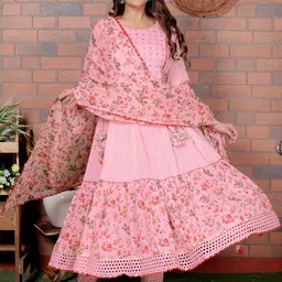 Parth Creations Women Floral Embroidered Tiered Mirror Work Pure Cotton Kurta with Trousers & With Dupatta image 3