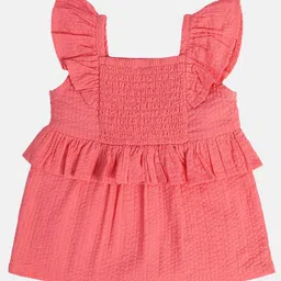MINI KLUB Cotton Frill Sleeves Smocked Detailed Solid Top - Pink image 3