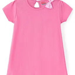 Babyhug Single Jersey Knit Half Sleeves Solid & Heart Printed Frocks with Bow Applique Pack of 2 - Pink image 4