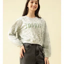 Lil Tomatoes Cotton Looper Knit Full Sleeves Inspire Text Printed Light Winter Tie Dye Sweatshirt - Oil Green image 5