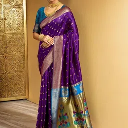 Mitera Woven Design Zari Silk Blend Handloom Paithani Saree image 2