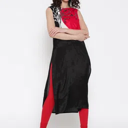 WISHFUL by W Women Black & Red Colourblocked Embellished Straight Kurta-image-55