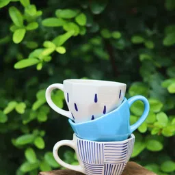 WEAVING HOMES Blue & White 3 Pieces Printed Ceramic Glossy Mugs- 220 ml Each image 3