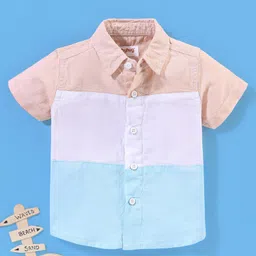 Babyhug 100% Cotton Half Sleeves Cute & Sew Patterned Solid Oxford Shirt - Peach White & Aqua-picture-35