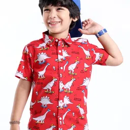 Babyhug Cotton Woven Half Sleeves Dino Printed Shirt - Red-picture-27