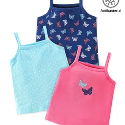 Babyhug 100% Cotton Antibacterial Sleeveless Slips With Butterfly Print Pack Of 3 - Navy Blue & Pink-picture-31