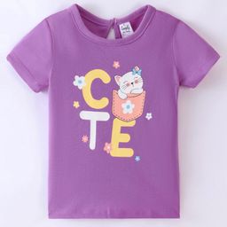 Simply Sinker Cotton Knit Half Sleeves Text & Kitten Printed T-Shirt -Purple-picture-13