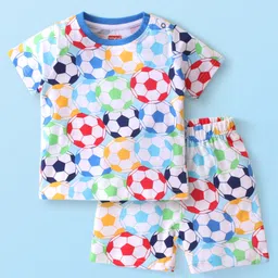 Babyhug Cotton Knit Half Sleeves Night Suit Football Print - White-image-32