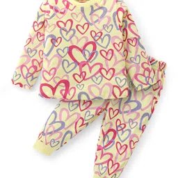 Babyhug Cotton Knit Full Sleeves Night Suit with Heart Print - Light Yellow-picture-15