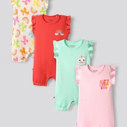 Bonfino 100% Cotton Knit Frill Sleeves Rainbow Printed Rompers With Patch Detailing Pack of 4 - Red Ivory Pink & Aqua-image-60
