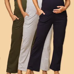 The Mom Store Pack Of 3 Cotton Spandex Solid Maternity Track Pants - Olive Green Navy Blue & Grey-picture-10