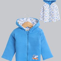 BUMZEE Cotton Knit Full Sleeves Dinosaur Printed & Embroidered Hooded Reversible Jacket - Royal Blue & White-picture-7