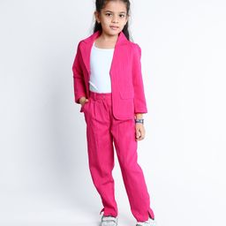 Ministitch Cotton Woven Three Fourth Sleeves Solid Blazer With Camisole & Coordinating Pant Set - Pink-picture-38
