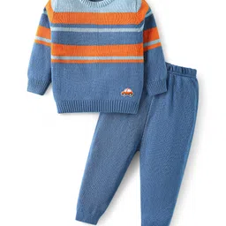 Babyhug Knit Full Sleeves Pullover Sweater Set with Color Block Design & Car Patch - Blue-picture-28