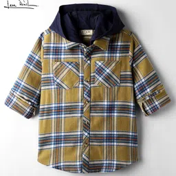 arias by lara dutta Arias 100% Cotton Woven Full Sleeves Checkered Shirt with Hood - Multicolor-picture-16