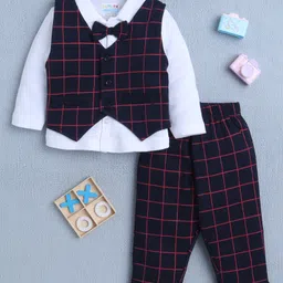 BUMZEE Cotton Knit Full Sleeves Checks 3 Piece Party Suit With Bow Applique - White & Navy --picture-11