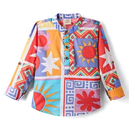 Rikidoos Full Sleeves Floral & Sun Printed Kurta Style Shirt - Peach & Light Blue image 2