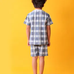 Anthrilo 100% Cotton Knit Half Sleeves Checked Coordinating Night Suit Set - Blue image 3