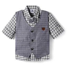 Mini Taurus Cotton Knit Full Sleeves Checks 3 Piece Party Suit with Attached Bow - Grey image 2