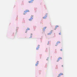 Nap Chief Pure Cotton Knit Full Sleeves Bunny & Floral Printed Coordinating Night Suit Set - Pink image 3