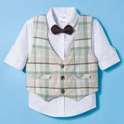 Simply Premium Cotton Woven Full Sleeves 3 Piece Party Suit with Bow & Checks - Multicolor image 2