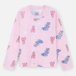 Nap Chief Pure Cotton Knit Full Sleeves Bunny & Floral Printed Coordinating Night Suit Set - Pink image 4