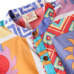 Rikidoos Full Sleeves Floral & Sun Printed Kurta Style Shirt - Peach & Light Blue image 4