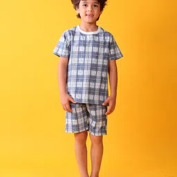 Anthrilo 100% Cotton Knit Half Sleeves Checked Coordinating Night Suit Set - Blue image 5