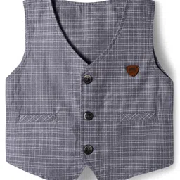 Mini Taurus Cotton Knit Full Sleeves Checks 3 Piece Party Suit with Attached Bow - Grey image 5