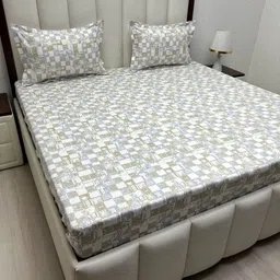 Pure Decor Brown & White Geometric 250 TC Queen Bedsheet with 2 Pillow Covers-image-91
