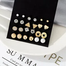 Zaphariq Set Of 12 Gold-Plated Pearls Studded Geometric Shaped Studs-picture-26