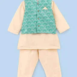 Babyhug 100% Cotton Woven Full Sleeves Solid Kurta Pyjama Set with Floral Printed Jacket - Beige-picture-13