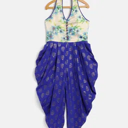 Twisha Sleeveless Vintage Floral & Damask Motif Foil Printed Ethnic Jumpsuit - White & Blue-picture-22