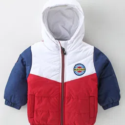 Babyhug Woven Full Sleeves Padded Hooded Jacket with Cut & Sew Design & Patch Detailing - Red & White-picture-32