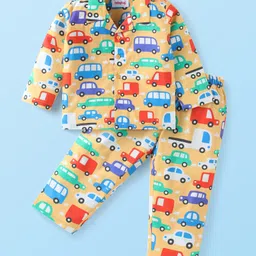 Babyhug Cotton Woven Full Sleeves Front Open Night Suit with Vehicle Print - Yellow-picture-13