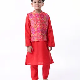 Babyhug Woven Full Sleeves Kurta & Pyjama Set With Bandhani Printed Jacket - Red-picture-28