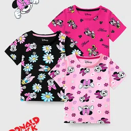 KUCHIPOO Cotton Pack Of 3 Mickey & Friends Featuring Half Sleeves Minnie Mouse & Daisy Duck Printed Tees - Pink Black & Magenta-picture-28