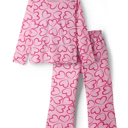 Primo Gino 100% Cotton Knit Full Sleeves Co-Ord Nightsuit with Heart Print - Pink-image-10