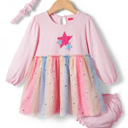 Babyhug Cotton Knit Full Sleeves Star Printed Frock With Bloomer & Headband - Pink-picture-17