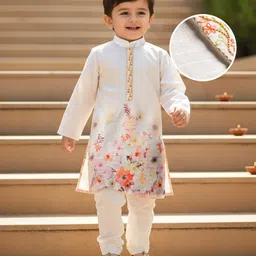 Babyhug Lurex Dobby Woven Full Sleeves Kurta Pajam Set Floral Print - Beige-picture-20