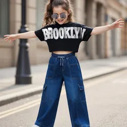 OLLINGTON ST. Cotton Half Sleeves Printed Top & Denim Joggers - Black & Blue-picture-26