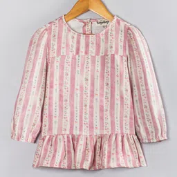 Hugsntugs Cotton Woven Full Sleeves Striped & Floral Printed Top - Pink-picture-12