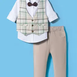 Simply Premium Cotton Woven Full Sleeves 3 Piece Party Suit with Bow & Checks - Multicolor-picture-11