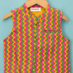 Babyhug Cotton Woven Full Sleeves Kurta Dhoti Set with Jacket & Aztec Design - White image 2