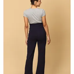 The Mom Store Pack Of 3 Cotton Spandex Solid Maternity Track Pants - Olive Green Navy Blue & Grey image 4
