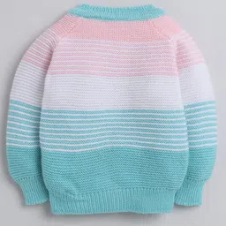 Little Angels Woollen Knit Full Sleeves Striped Cardigan & Pants With Cap & Socks Set - Green & Pink image 4