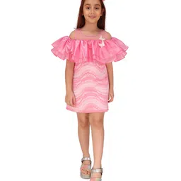 Cutecumber Organza Cold Shoulder Frill Detailed Butterfly Applique Abstract Printed Dress - Pink image 5