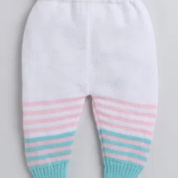 Little Angels Woollen Knit Full Sleeves Striped Cardigan & Pants With Cap & Socks Set - Green & Pink image 5